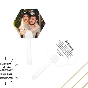 Abanico de papel con estampado hexagonal - Abanico con foto personalizado - Abanico de boda personalizado - Abanico de iglesia - Abanico de mano para programa de boda - Recuerdo de boda