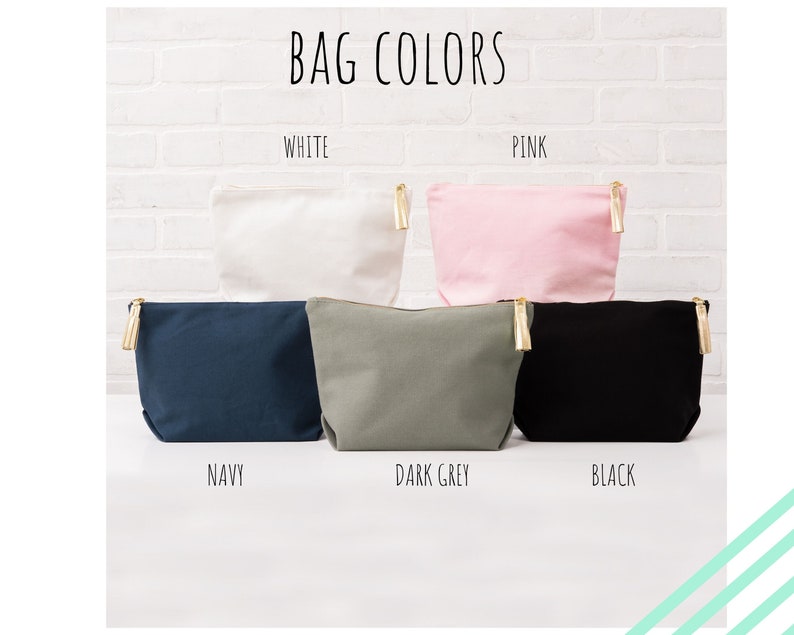 May include: Five canvas zippered pouches in different colors: white, pink, navy, dark grey, and black. Each pouch has a gold zipper pull with a tassel.