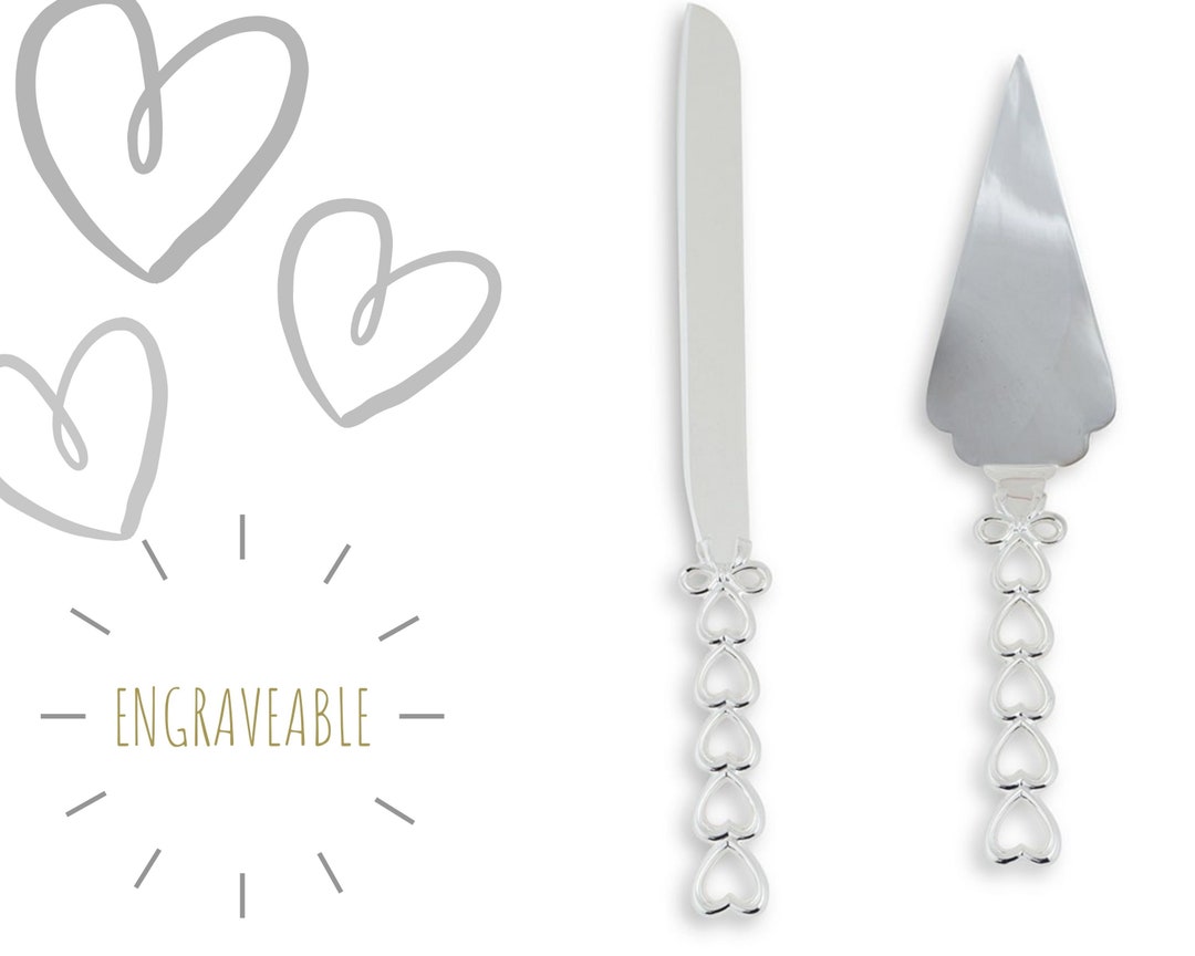 Engraved Wedding Cake Serving Set Silver Plated Stacked Hearts Cake