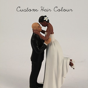 True Romance Interlocking Bride and Groom Wedding Cake Toppers - Medium Skin Tone Bald Groom and Dark Skin Tone Bride - Personalized
