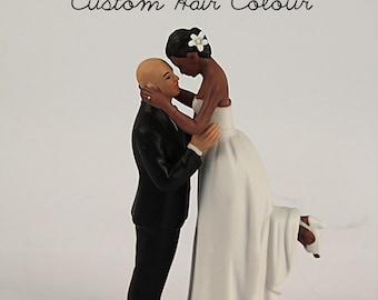 True Romance Interlocking Bride and Groom Wedding Cake Toppers - Medium Skin Tone Bald Groom and Dark Skin Tone Bride - Personalized