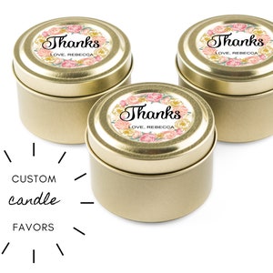 Custom Unscented Candles - Floral Wreath - Bulk Party Favors for Guests - Personalized Wedding Favors - Bulk Candles - 3oz Gold Tin Candles