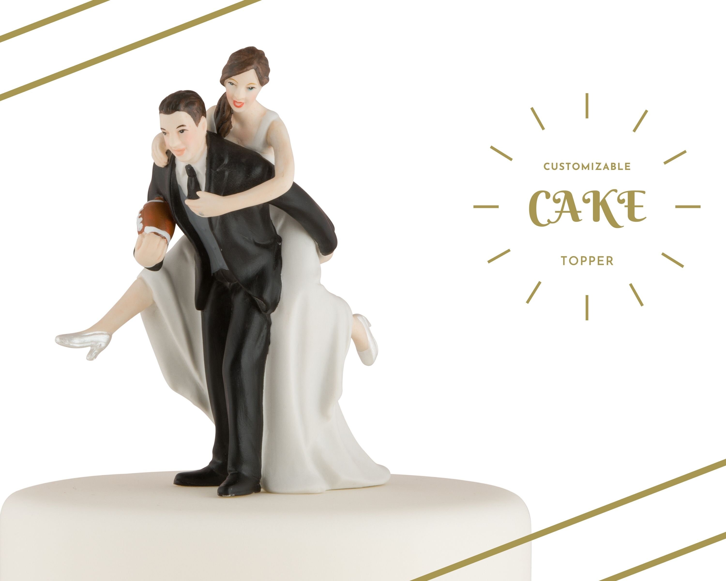 Football Bride & Groom Cake Topper - Playful Piggyback Figurine For Wedding Cakes (Dark Skin) - View #7
