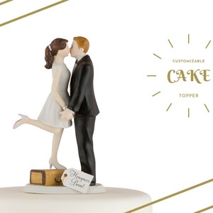 Personalized Wedding Cake Topper - A Kiss And We&#39;re Off Wedding Cake Topper - Honeymoon - Bride and Groom Cake Topper - Custom - Unique