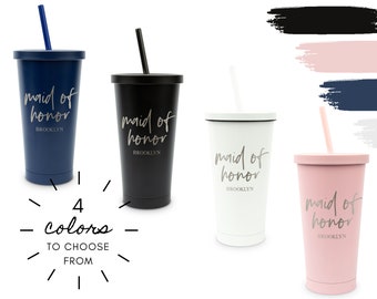 Vaso personalizado con pajita en 4 opciones de color - Diseño para la dama de honor - Vasos a juego para las damas de honor - Regalo para la fiesta nupcial - Regalo para la despedida de soltera