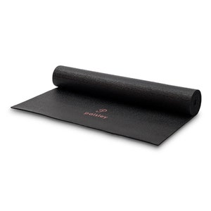 May include: A black yoga mat with a textured surface, partially rolled up. The mat features the word paisley printed in a light pink colour, with a stylised letter P positioned directly above the text in the same light pink shade.