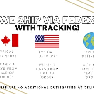 May include: White background with text: "WE SHIP VIA FEDEX WITH TRACKING!" Flags of Canada, the USA, and a globe are shown. Text indicates typical delivery times: 7 days for Canada and the USA, 10 days for the globe. Text: "THERE ARE NO ADDITIONAL DUTIES/FEES AT DELIVERY".