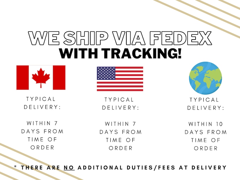 May include: White background with text: "WE SHIP VIA FEDEX WITH TRACKING!" Flags of Canada, the USA, and a globe are shown. Text indicates typical delivery times: 7 days for Canada and the USA, 10 days for the globe. Text: "THERE ARE NO ADDITIONAL DUTIES/FEES AT DELIVERY".