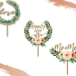 Holz geschnittene Hochzeitstorte Topper - 3 Designs zur Auswahl - Florale Hochzeitstorte Topper - Boho - Rustikal - Scheunenhochzeit - Chic - Minimal Topper
