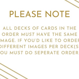 May include: White background with gold text that reads "PLEASE NOTE". The text continues with instructions about ordering card decks with the same or different images. Gold lines are in the corners.