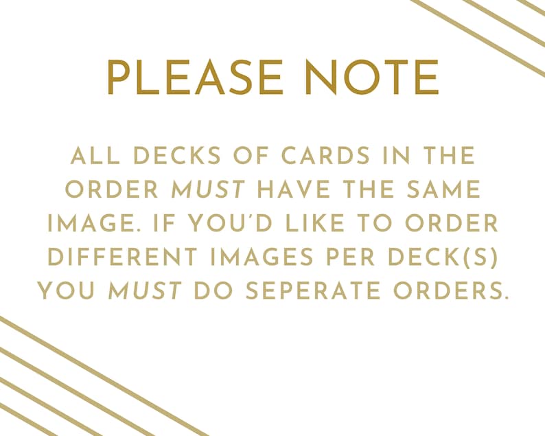 May include: White background with gold text that reads "PLEASE NOTE". The text continues with instructions about ordering card decks with the same or different images. Gold lines are in the corners.