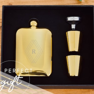 Engraved Gold Stainless Steel Flask - Custom Initial Flask - Personalized Gift - Gift For Her - Gift for Him - Flask Gift Set - Unisex Gift