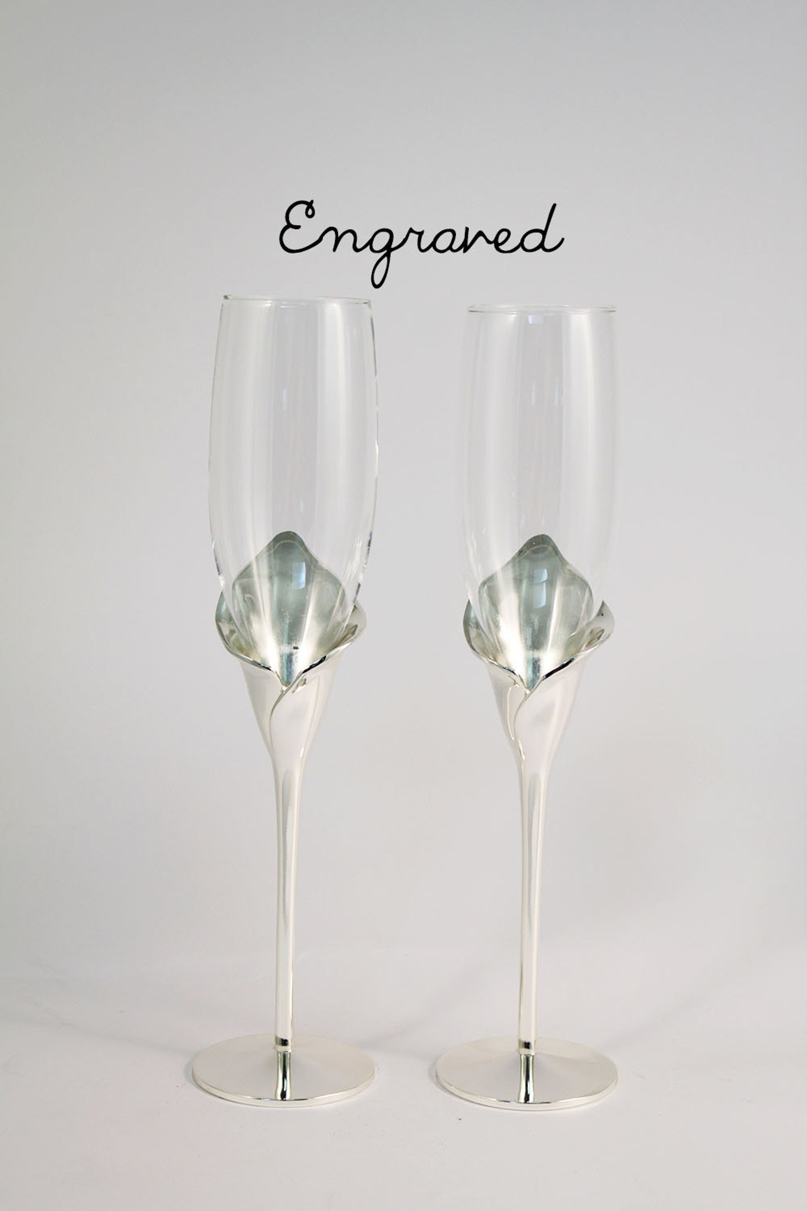 Personalized Wedding Flutes - Engraved - Silver Calla Lily Stem Wedding Champagne Flutes - Custom Wedding Toasting Flutes - Gift - Keepsake - Script