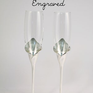 Personalized Wedding Flutes - Engraved - Silver Calla Lily Stem Wedding Champagne Flutes - Custom Wedding Toasting Flutes - Gift - Keepsake