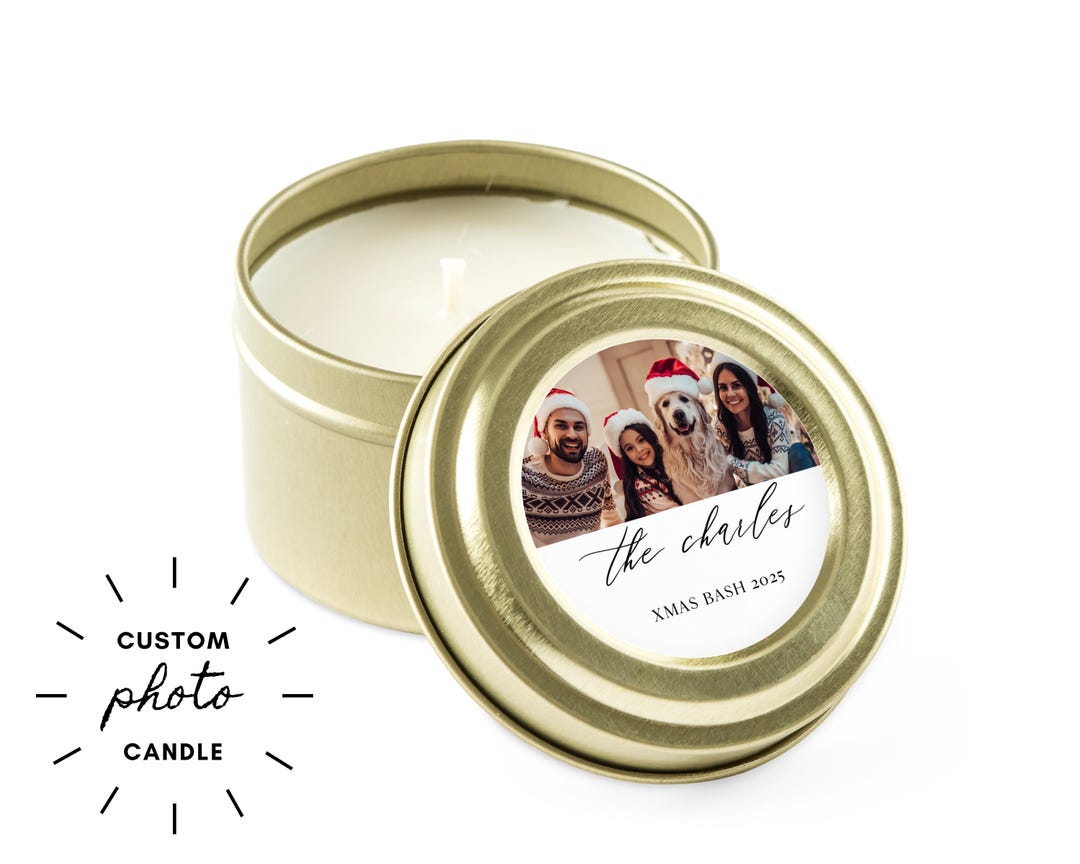 Personalized Candle Favors for Guests - Custom Picture Gold Tin Candle ...