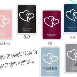 Recuerdo de boda personalizado - 6 colores para elegir - Naipes personalizados con forma de corazón - Recuerdo de boda - Regalo de fiesta de boda - Fiesta de boda