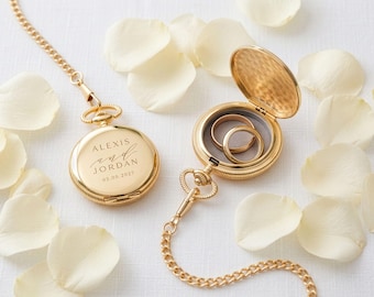 Custom Pocket Watch Style Ring Box - Couples Names Design - Personalized Ring Box - Unique Wedding Ceremony - Ring Bearer - Vintage Wedding