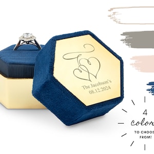 Engraved Velvet and Metal Ring Box - Entwined Heart Ring Box - Hexagon Ring Box in 4 Color Options - Romantic Personalized Wedding Ring Box