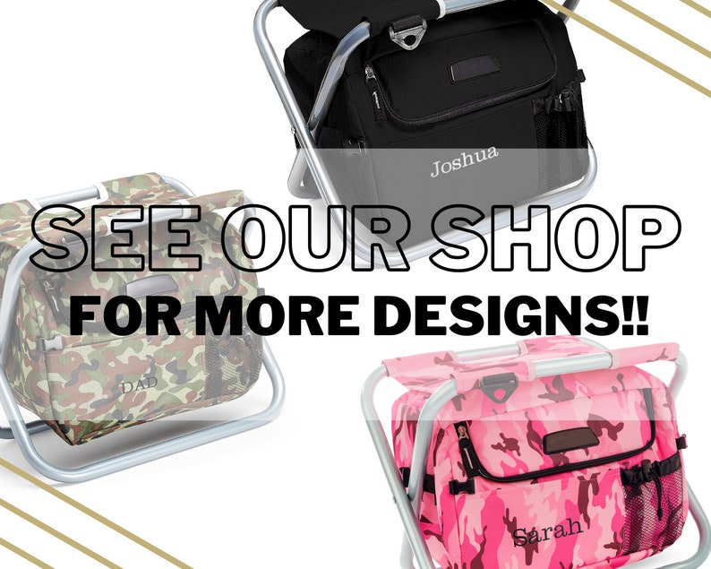 May include: Three personalized folding chairs with insulated coolers. The chairs are in black, camouflage, and pink camouflage patterns. The text on the chairs reads "Joshua", "Dad", and "Sarah". See our shop for more designs!