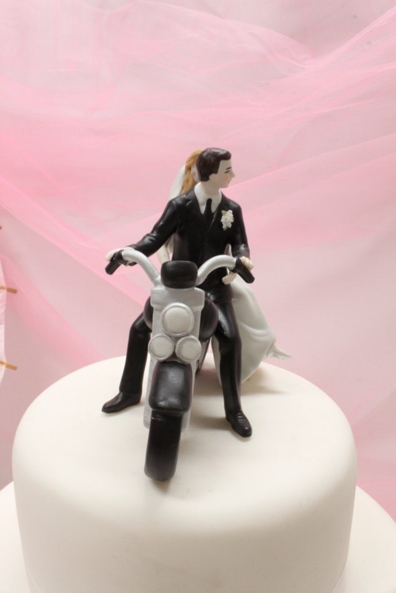 Wedding Cake Topper Personalized Motorcycle Couple Bride and Groom Wedding Cake Topper Biker Theme Wedding Motorcycle Cake Topper image 2