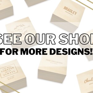 May include: A collection of small, square, wooden boxes with personalized engravings. The boxes are beige and have gold lettering. The text on the boxes includes names, titles, and dates. The boxes are arranged in a random pattern on a white background. The text "SEE OUR SHOP FOR MORE DESIGNS!!" is superimposed on the image.