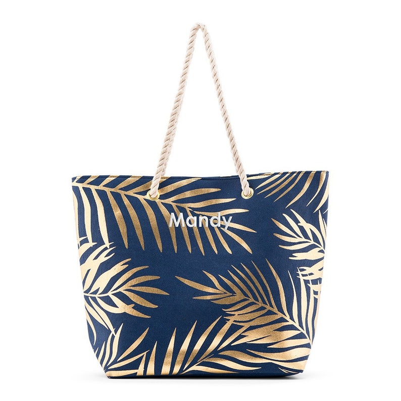 Personalized Tote Bag - Navy and Gold Palm Leaf - Tropical - Reusable Shopping Bag - Beach Tote - Canvas Beach Tote - Beach Bag - Custom Bag 