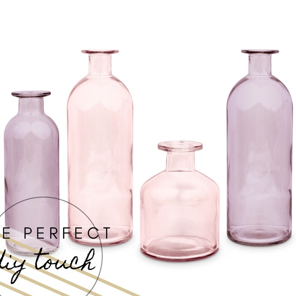 Set aus 4 verschiedenen rosa und lila Knospen-Vasen - DIY-Mittelstück - DIY Hochzeit - DIY-Wohnkultur - Minimalistisches Wohndekor - Glasknospen-Vasen-Set