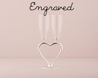 Engraved Wedding Flutes - Personalized - Silver Plated Interlocking Heart Stems Wedding Champagne Glasses - Custom Wedding Toasting Flutes