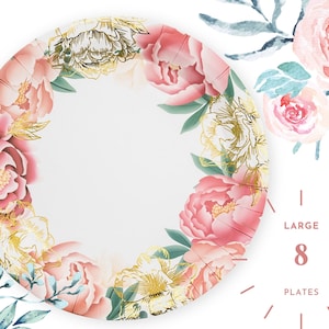 8 Stück Blumen Einweg Party Teller - Rosa und Gold Blumen Papier Teller - Geburtstagsfeier - Brautparty - Babyparty - Bachelorette