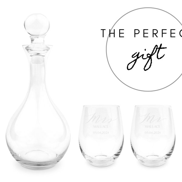 Coffret cadeau personnalisé carafe à vin - Mr et Mme - carafe à vin pour couples gravée - verres à vin de mariage personnalisés avec carafe - cadeau unique