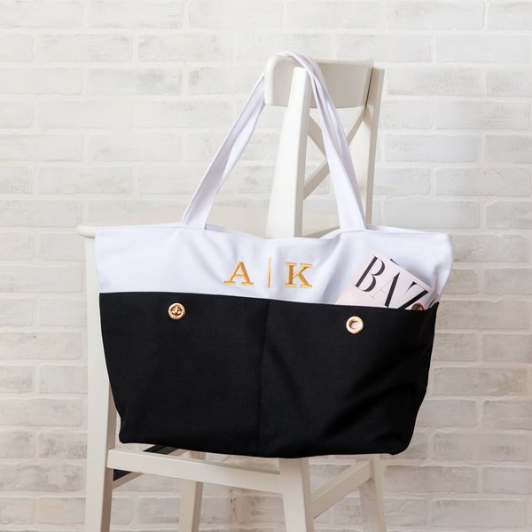 Personalized Tote Bag - Bride Gift - Bridesmaid Gift - Large Black and White Tote Bag - Destination Wedding - Beach Wedding - Large Handbag