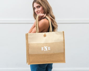 Burlap Tote Bag - Large Reusable Fabric Beach Tote Bag - Personalized Tote Bag - Bridesmaid Gift - Bridesmaid Proposal - Ombre Tote Bag