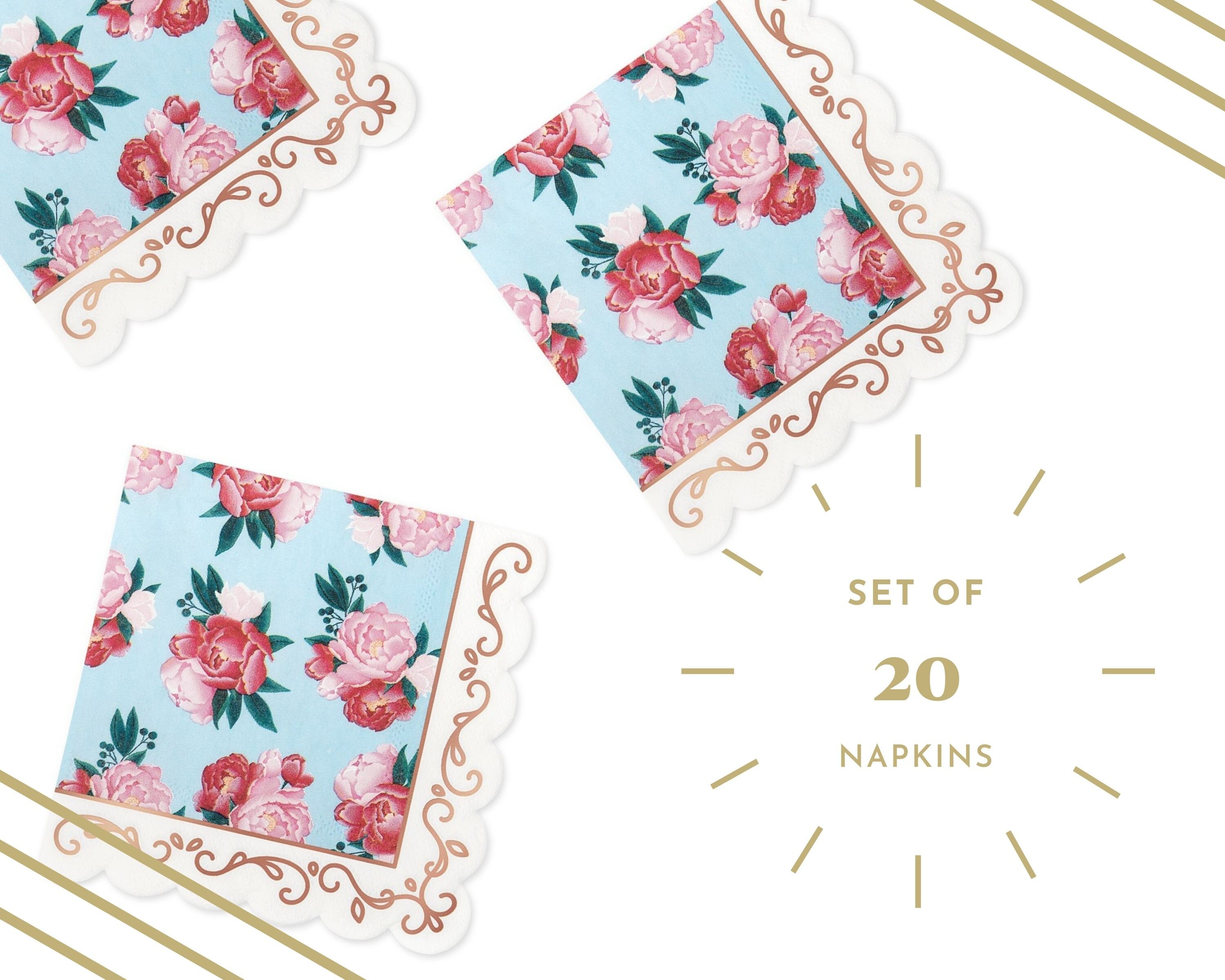 20 Piece Baby Blue and Gold Rose Die Cut Napkins Blue Floral Paper Napkins Birthday Bridal Shower Tea Party Garden Party