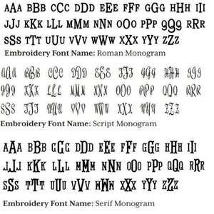 Pode incluir: Um guia visual de tr&ecirc;s estilos de fonte de bordado diferentes: Monograma romano, Monograma de escrita e Monograma serif. Cada estilo apresenta o alfabeto em letras mai&uacute;sculas e min&uacute;sculas.