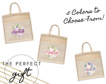 Personalized Jute Tote Bag with Pocket - Personalized Floral Tote Bag - Welcome Bag - Bridesmaid Gift - Bridal Party Gift - Beach Tote Bag