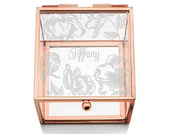 Floral Glass Jewelry Box - Rose Gold Jewelry Box - Personalized Jewelry Box - Personalized Gift - Valentine's Day - Gifts for Her - Flower