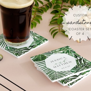 Customized 4 Piece Square Coaster Set in Botanical Leaf Print - Gifts For The Couple - Housewarming Gift - Realtor Closing Gift - First Home