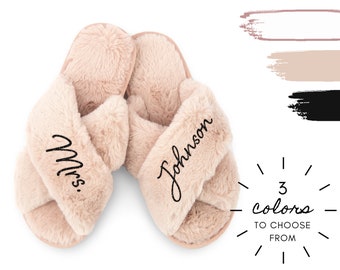 Personalized Mrs. Fuzzy Slippers - Customized Cross Band Fuzzy Slippers - Women's House Slippers - Unique Bridesmaid Gift - Bride Slippers