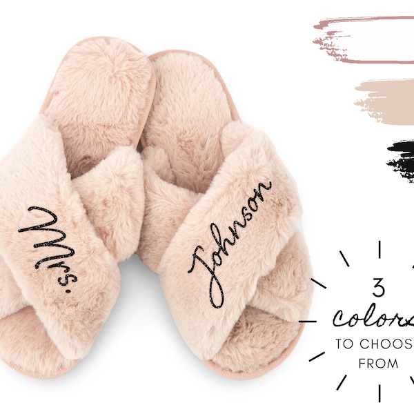 Personalized Mrs. Fuzzy Slippers - Customized Cross Band Fuzzy Slippers - Women's House Slippers - Unique Bridesmaid Gift - Bride Slippers