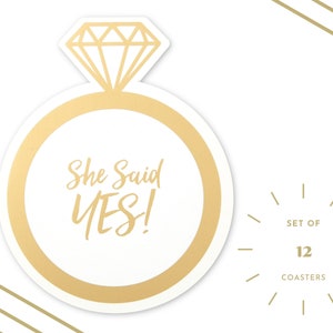 Set of 12 She Said Yes Coasters - Engagement Ring Design - Paper Coasters - Engagement Party - Bachelorette - Bridal Shower - Stagette Décor