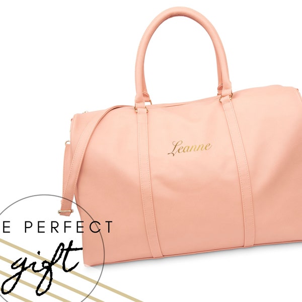 Personalized Faux Leather Weekend Bag - Pink Duffle Bag - Vegan Leather Bag - Personalized Gift - Gift for Her - Her Birthday - Mother's Day