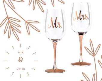 Rose Gold Wine Glasses - Mrs. Wine Glass - Mr. Wine Glass - Rose Gold Wedding - Engagement Gift - Couple Gift - Bride Gift - Groom Gift