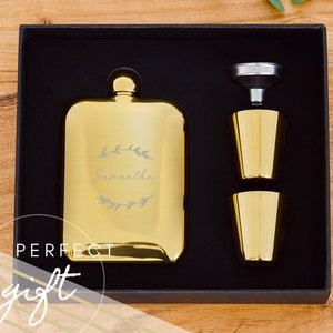 Rustikale Botanicals Gold Edelstahl Flachmann - Retro Look Flachmann - Personalisiertes Geschenk - Personalisierte Flachmann - Benutzerdefinierte Flachmann - Flachmann Geschenkset