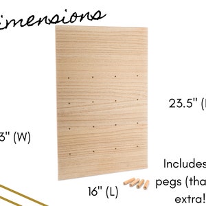 May include: A wooden pegboard with 18 pegs, measuring 16 inches long, 3 inches wide, and 23.5 inches high. The pegboard is light brown with a wood grain pattern. Includes 18 pegs (that's 2 extra!).