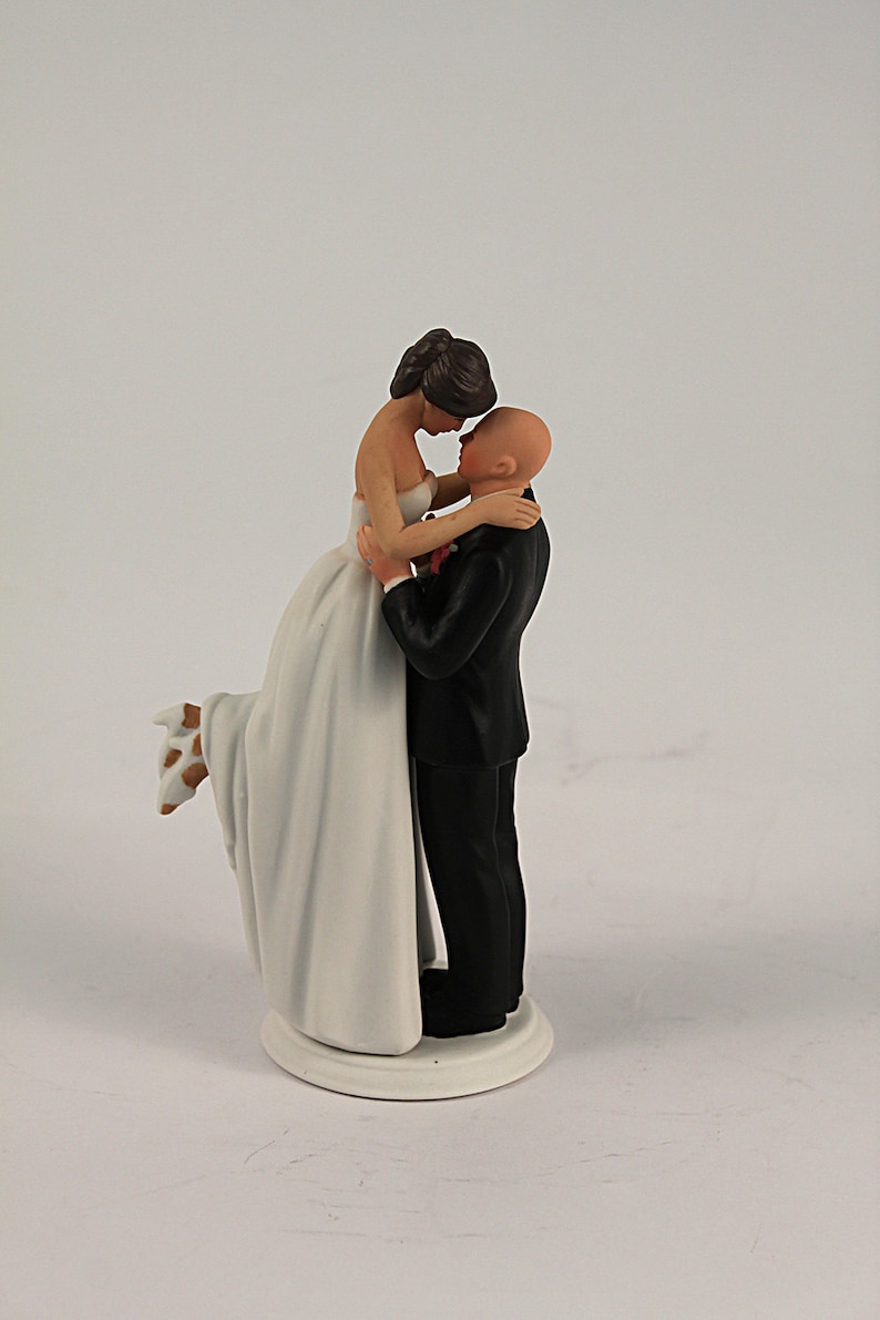 Mixed Race Bride and Groom Wedding Cake Topper - Light Skin Tone Bald ...