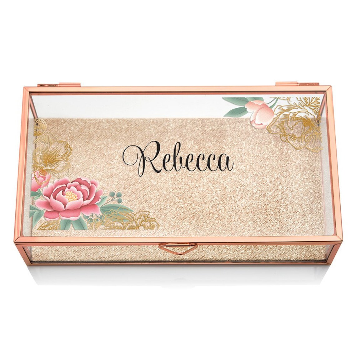 Personalized Glass Jewelry Box Floral Design Rose Gold Etsy