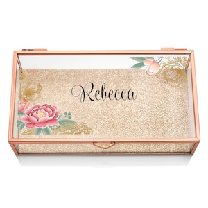 Personalized Glass Jewelry Box - Floral Design - Rose Gold - Gifts for Her - Bridal Party Gift - Bridesmaids Gift - Birthday Girl Gift