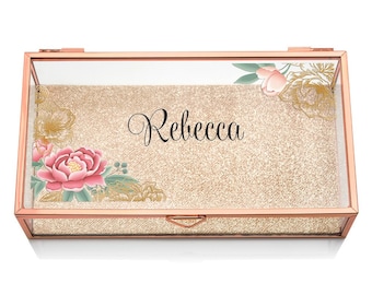 Personalized Glass Jewelry Box - Floral Design - Rose Gold - Gifts for Her - Bridal Party Gift - Bridesmaids Gift - Birthday Girl Gift