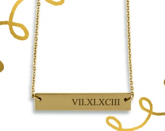 Engraved Necklace - Roman Numerals Necklace - Custom Bar Necklace - Personalized Bar Necklace - Gift For Her - Bridesmaid Gift