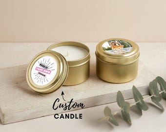 Design Your Own Gold Tin Candle - Bulk Favors - Custom Artwork or Photo - Perfect for weddings, engagements, birthdays, or corporate events